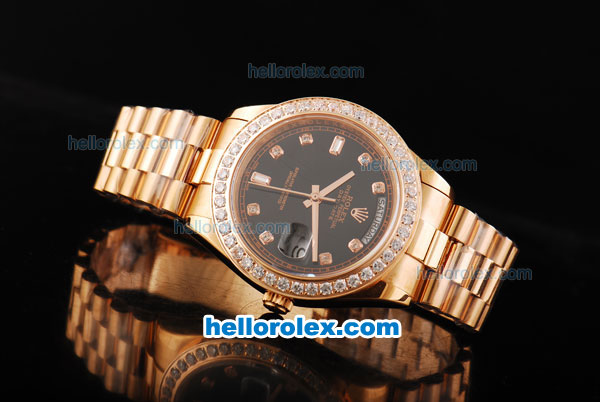 Rolex Day Date II Automatic Movement Full Rose Gold with Diamond Bezel-Diamond Markers and Black Dial - Click Image to Close